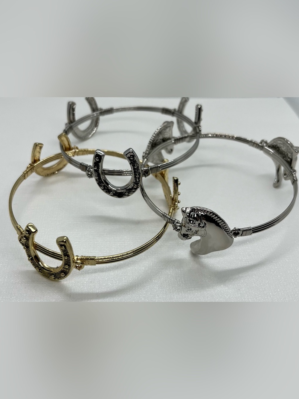 Equestrian Horseshoe & Horse Head Bangle Bracelet - Gold and Silver set of 3